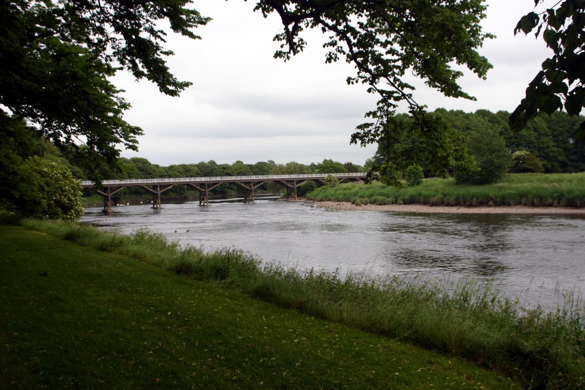 bridge over river with green grass and trees along banks
