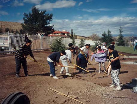 Members from Laguna Ward raking and removing rocks.