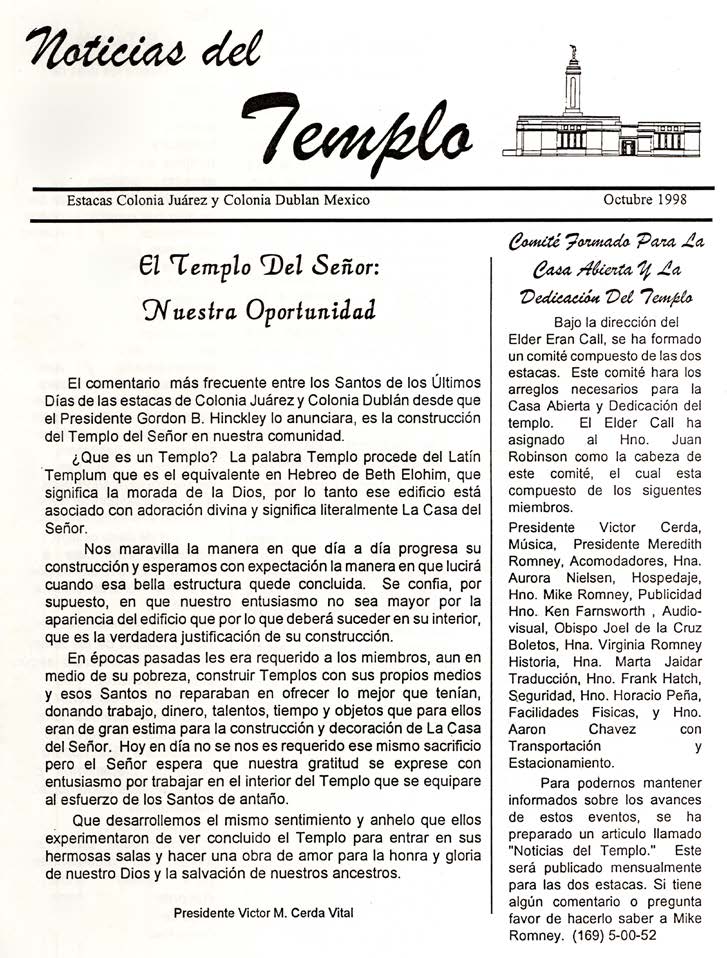 Mike Romney published this monthly in the Temple Department at Church headquarters newsletter beginning in October 1998.