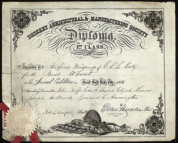Certificate awarded to Wilford Woodruff