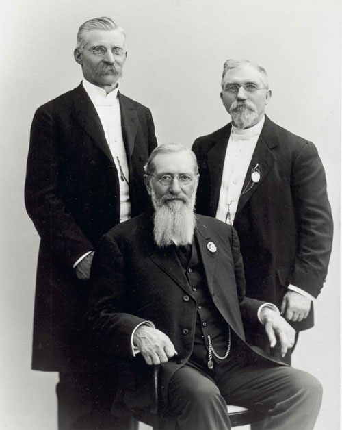 A portrait of President Joseph F. Smith with Andrew Jenson and Oluf Anderson taken while President Smith was visiting the Scandinavian Mission, of which Jenson was president.