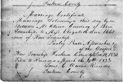 Marriage record of Oliver Cowdery and Elizabeth Ann Whitmer