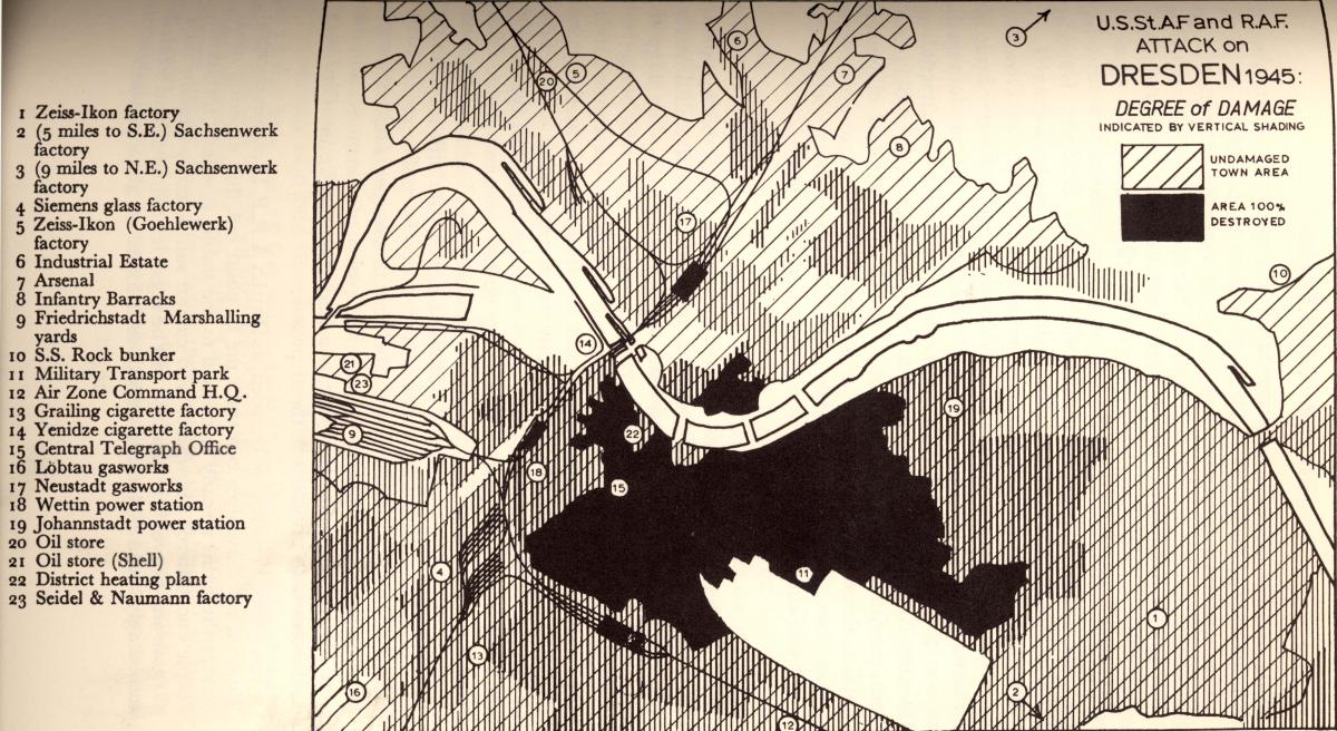This map from Irving’s The Destruction of Dresden shows the degree of destruction in various neighborhoods.