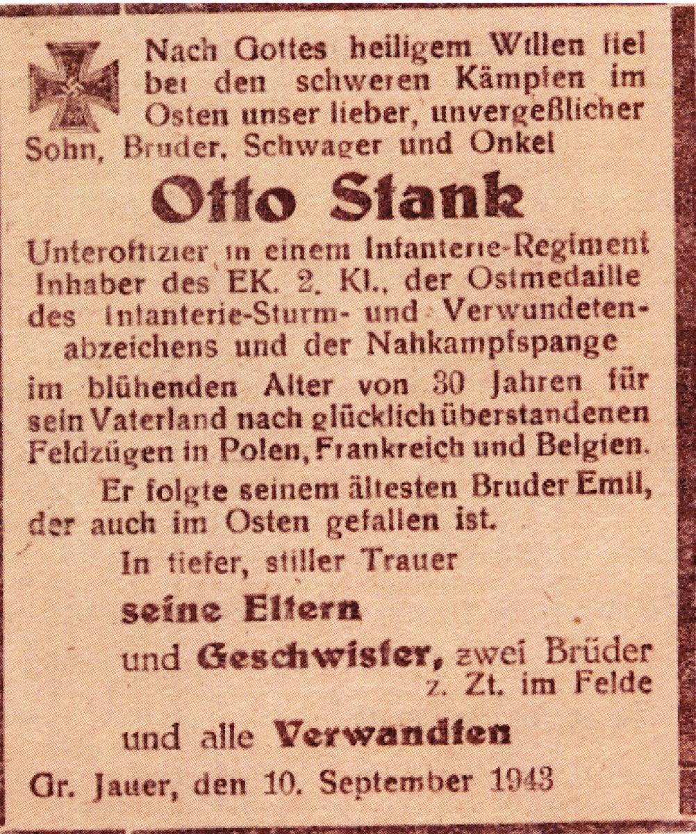 The newspaper obituary for Otto Stank