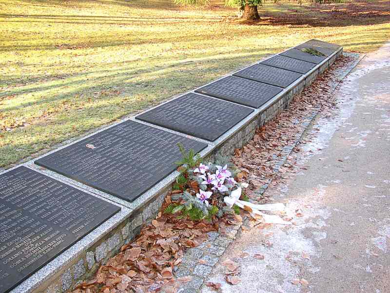 Picture of plaques in front of grass field, mass grave