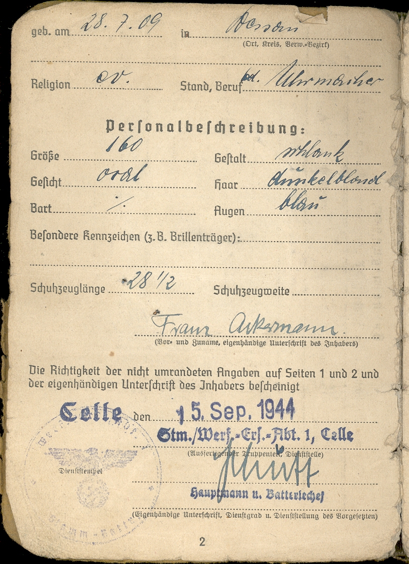 Franz Ackermann’s page military record