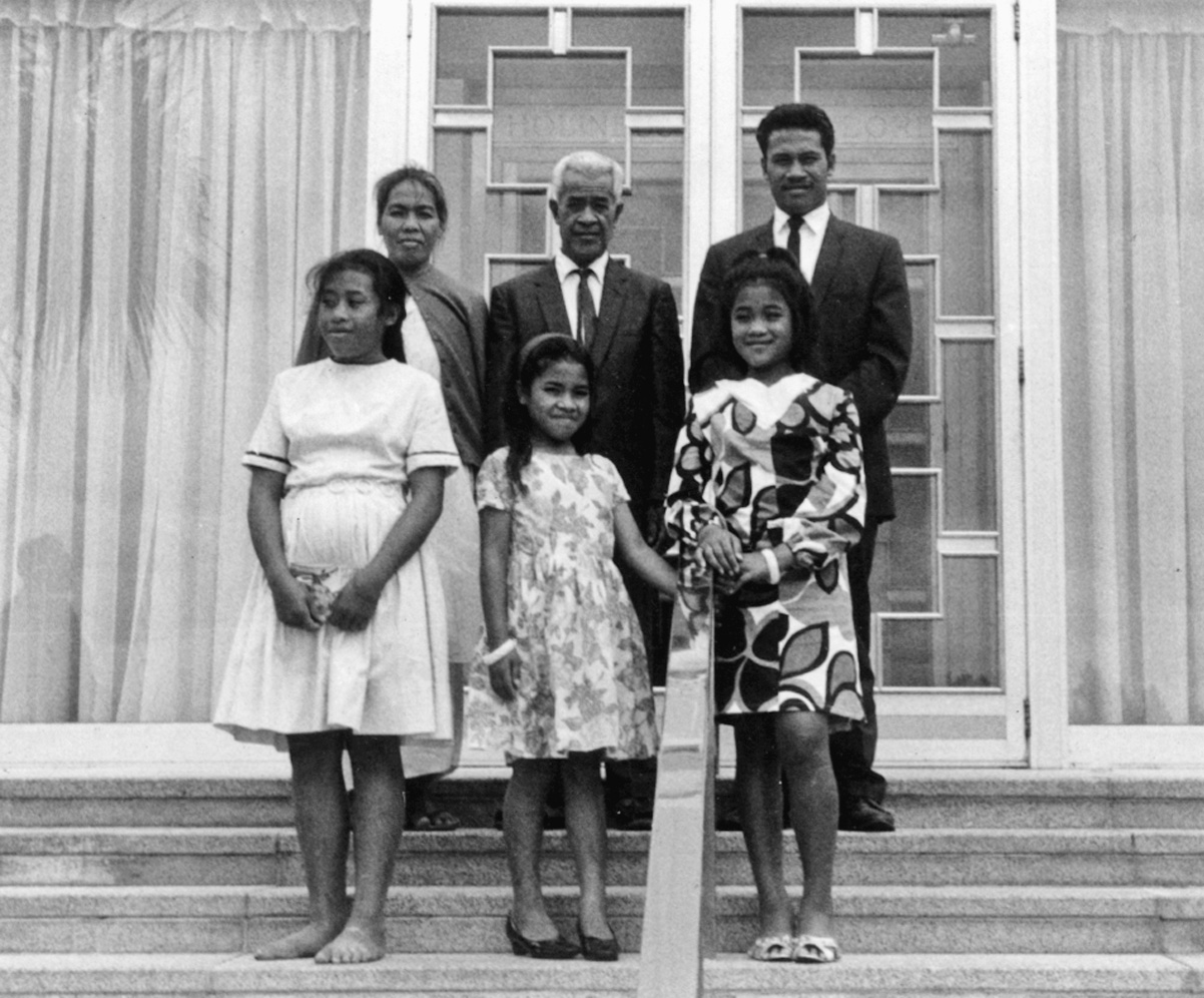 Fig. 1. At the New Zealand Temple in 1971. Back row: Nau Kolo Funaki, Sione Kolo Funaki, ‘Inoke Funaki. Front row: Mele Funaki, Lupe Funaki, and Temaleti Funaki. Courtesy of ‘Inoke Funaki