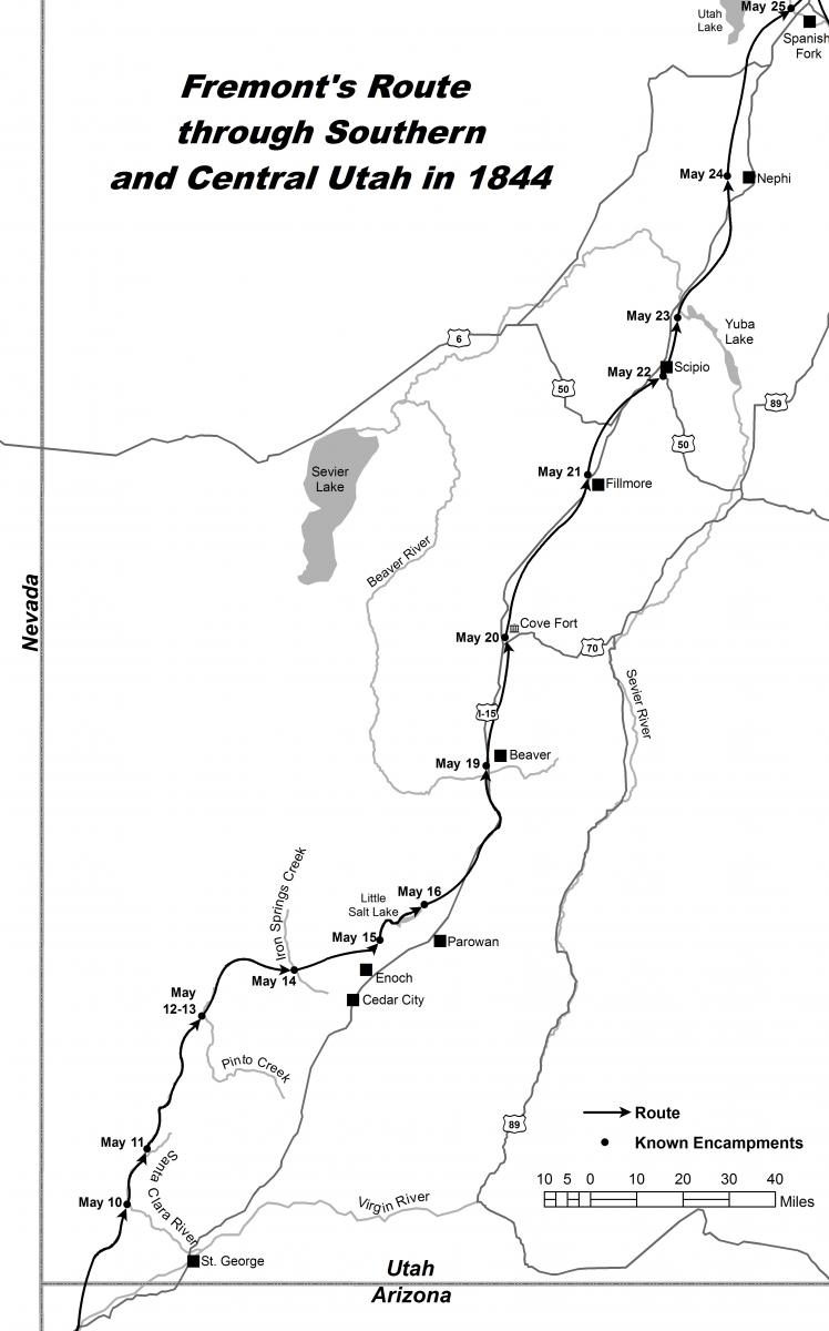 Map showing the route of Frémont’s expedition