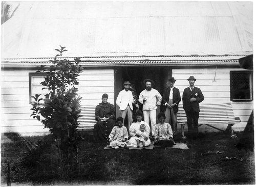 Missionaries and natives at the mission home in Mu'a, Tonga