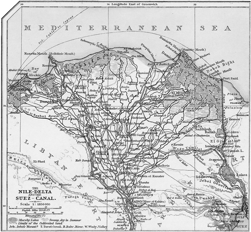 Old map of Nile Delta and Mediterranean Sea