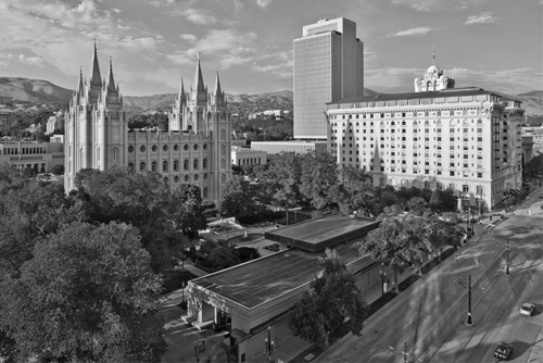 A view of the temple and several other important Church properties in downtown Salt Lake City