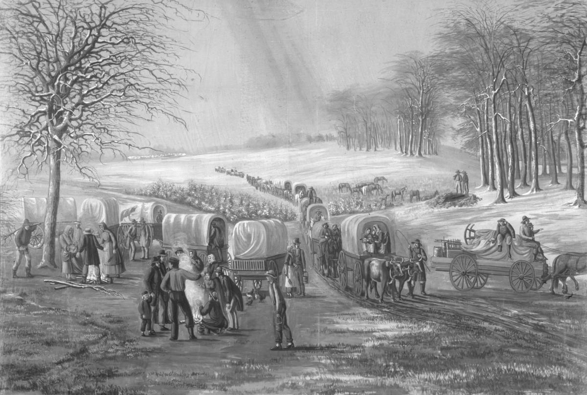 depiction of people Leaving Missouri in wagons