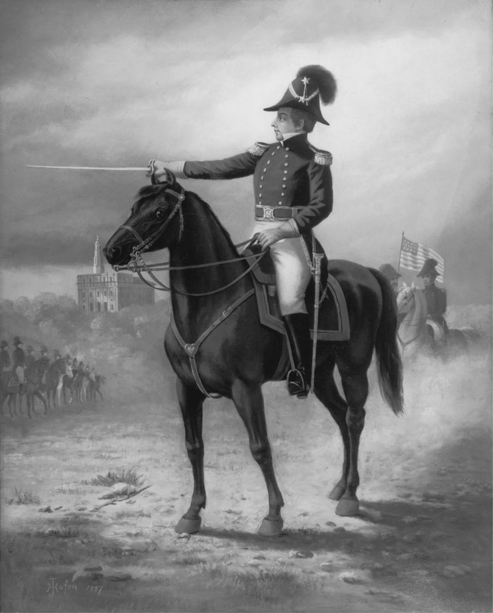 depiction of Joseph on Horseback, Pointing Sword at the Nauvoo Legion