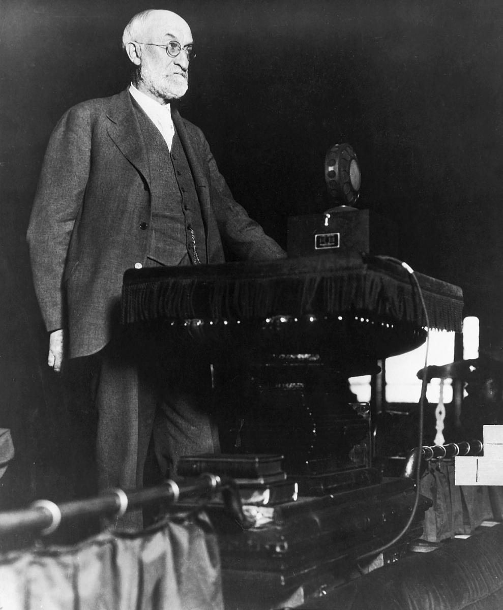 President Heber J. Grant addressing an audience via radio