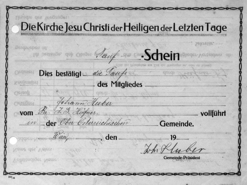 Membership record filled out by Elder F. G. Huefner