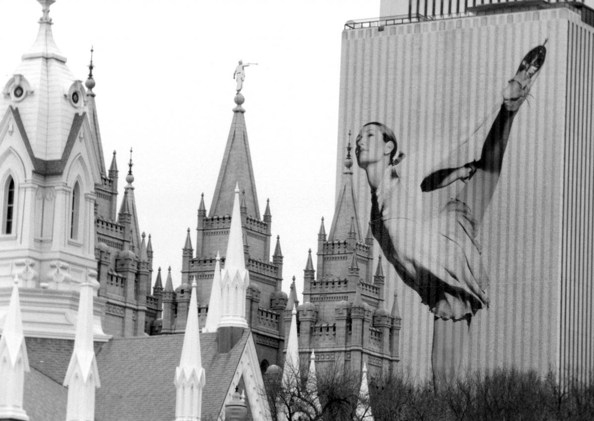 Banner of figure skater on the Church Office Building