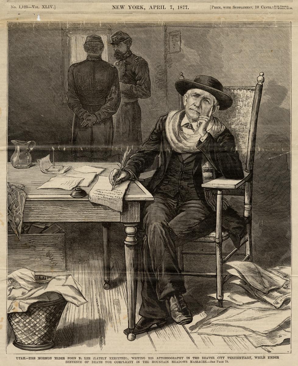 Illustration of John D. Lee writing his autobiography