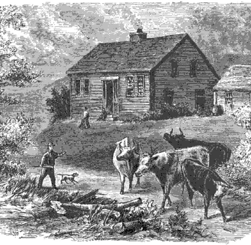 Unknown artist, A Pioneer Home, engraving, 1881. History of Jackson County, Missouri (1881), 25.