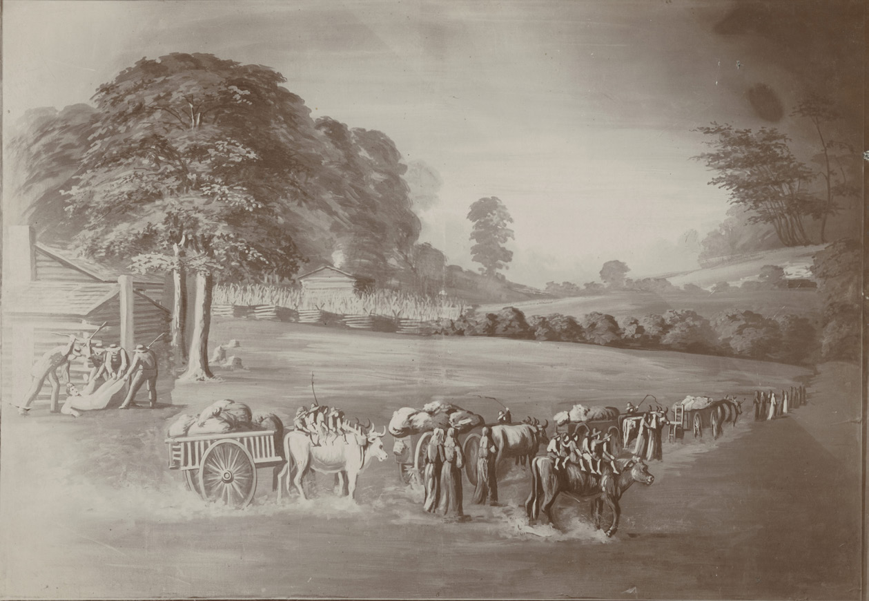 C. C. A. Christensen, [Solomon] Hancock & Company’s Exit from Jackson Co. Mo. Nov. 1833 (ca. 1882–84), photograph of panorama. Courtesy of Church History Library.