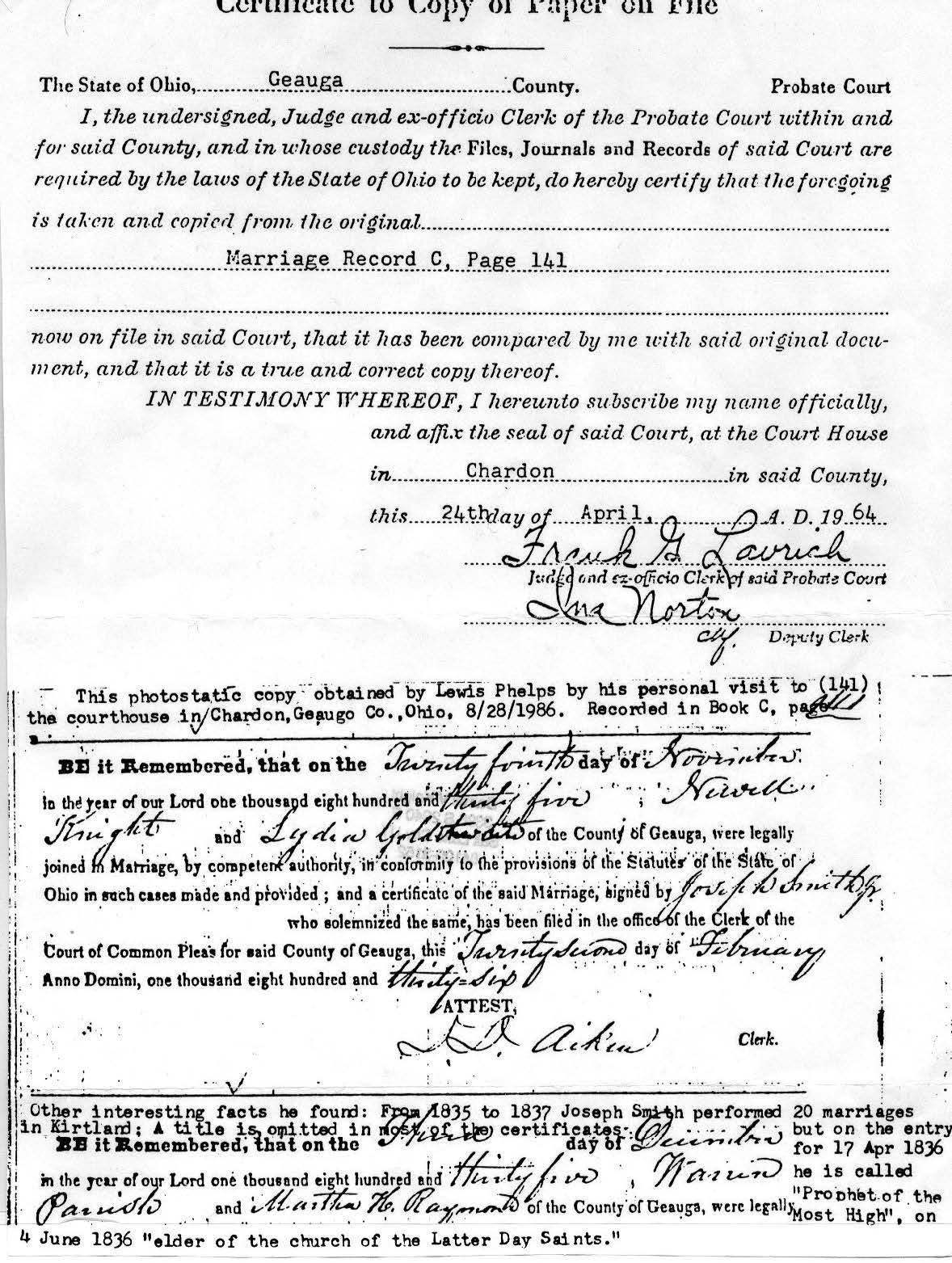 Newel and Lydia’s marriage certificate. Courtesy of Knight family.