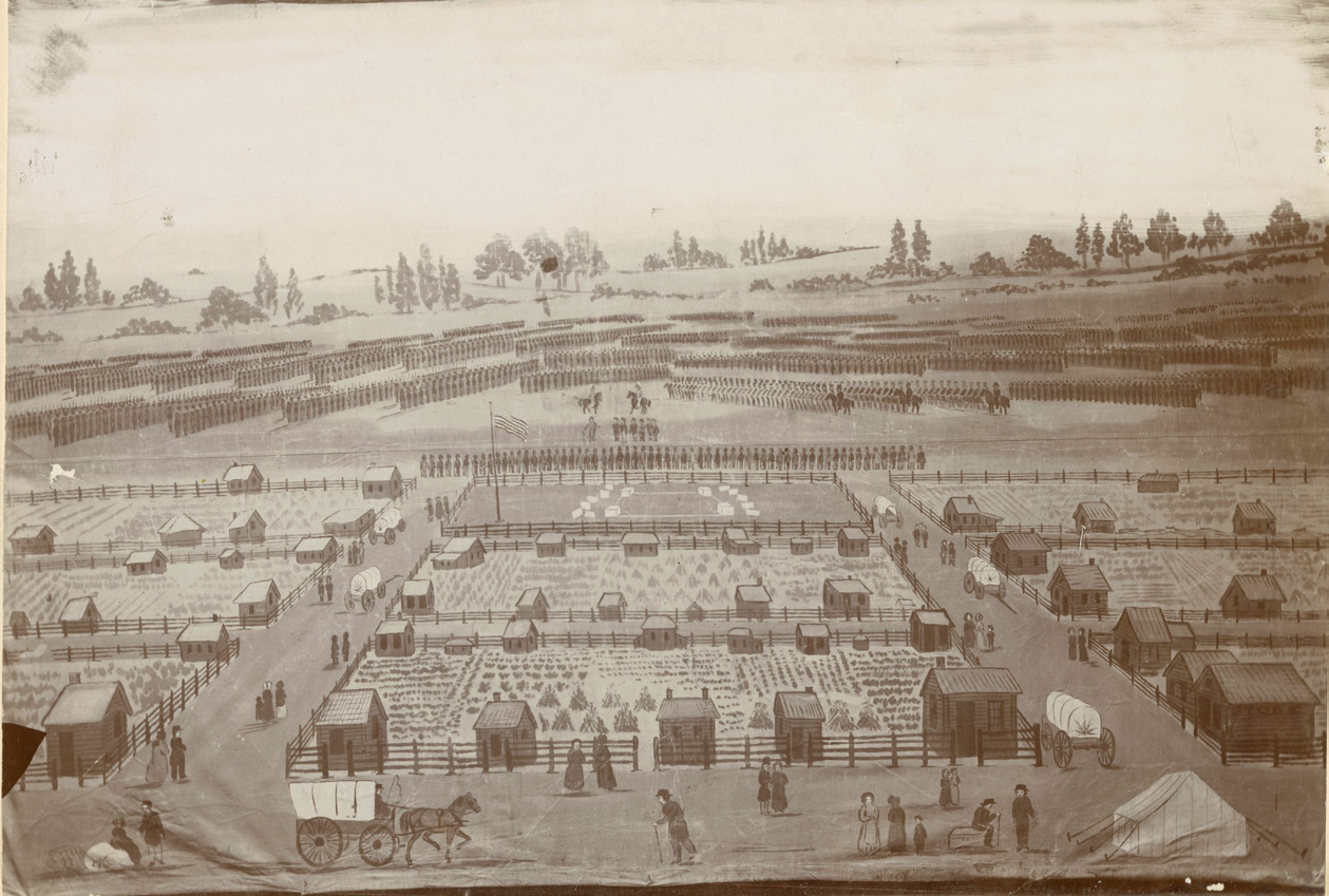 C. C. A. Christensen, Expulsion of Saints from Far West, 1838 (ca. 1882–84), photograph of panorama. Courtesy of Church History Library.