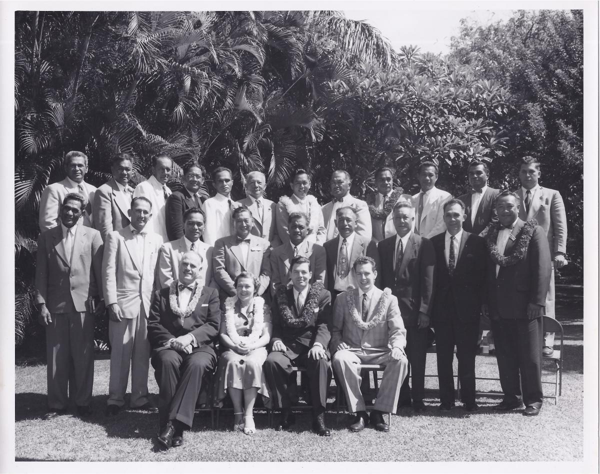 Mission presidency with local leaders, ca. 1957. Photo shows Arthur with local Hawaiin leaders after deciding to release the missionaries from leadership positions.