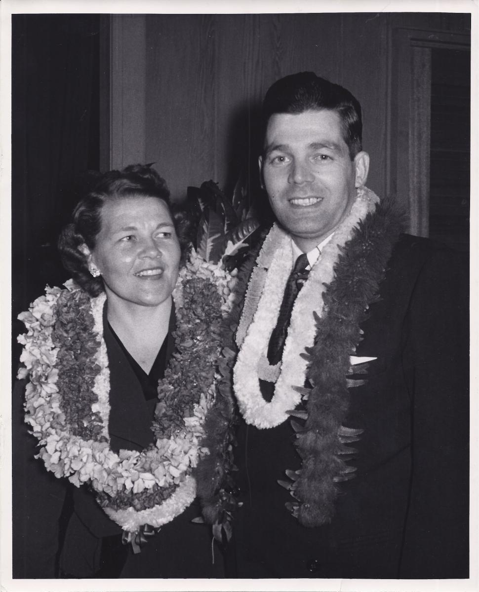 President and Sister Haycock while presiding over the Hawaii Mission, ca. 1955.