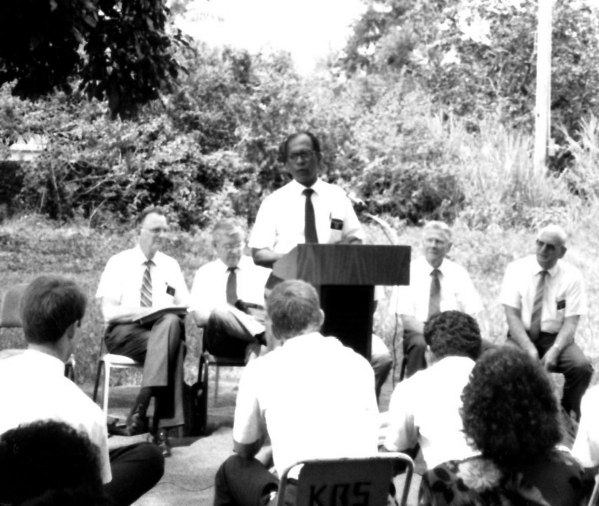 Kelvin Diaz speaking at the dedication of Trinidad for missionary work