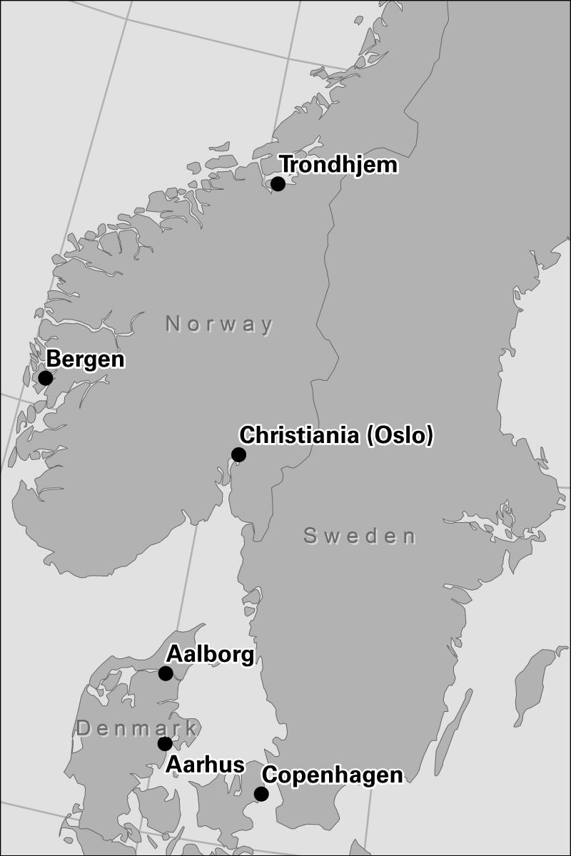 Map showing the six conference headquarters in the Scandinavian Mission