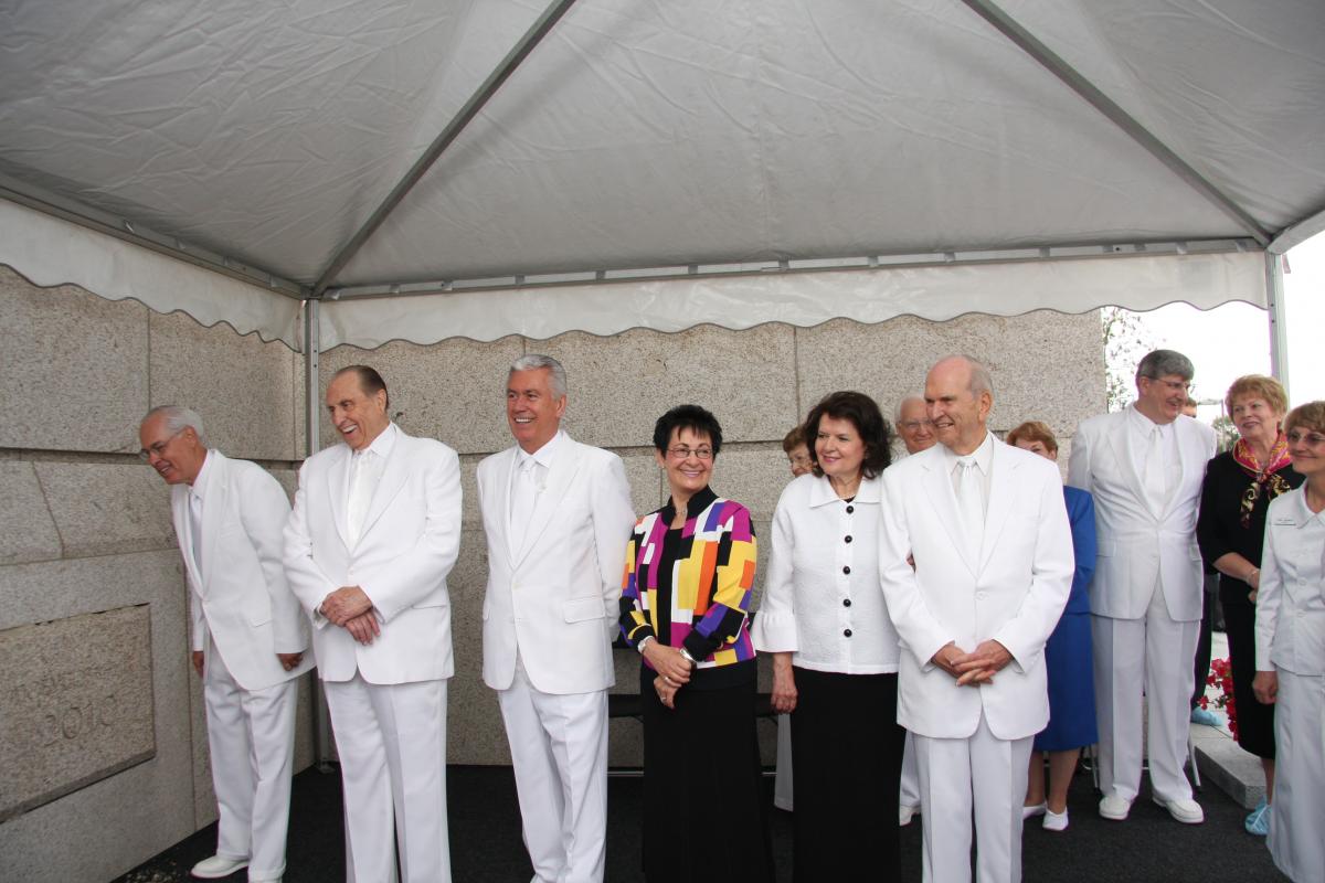 Left to right: Elder William R. Walker of the Seventy, President Thomas S. Monson, President Dieter F. Uchtdorf, Sister Harriet Uchtdorf, Sister Wendy L. Nelson, and Elder Russell M. Nelson at the cornerstone ceremony of the Kyiv Ukraine Temple, August 2010.