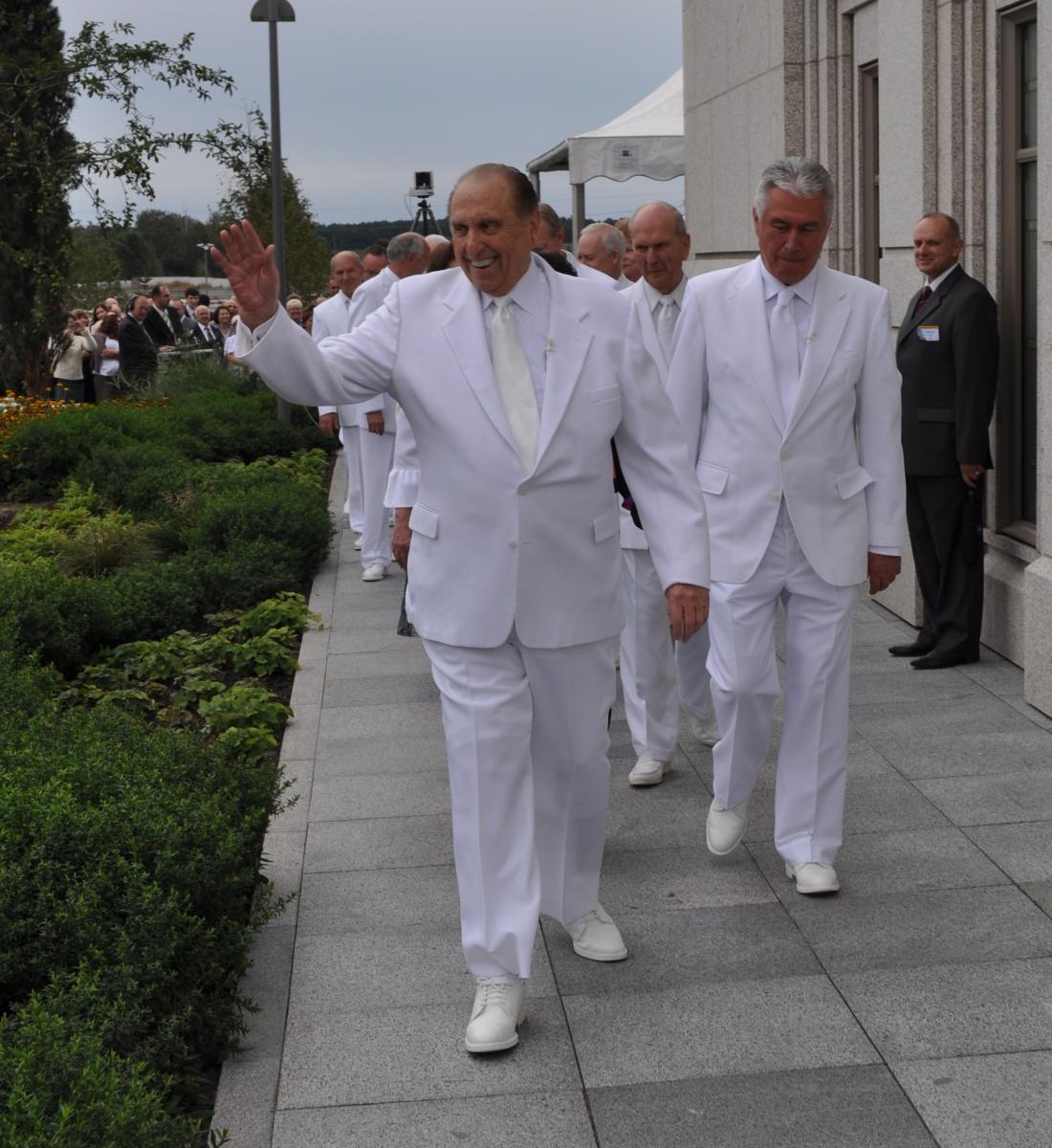 President Thomas S. Monson waving at the cornerstone ceremony of the Kyiv Ukraine Temple, August 2010.