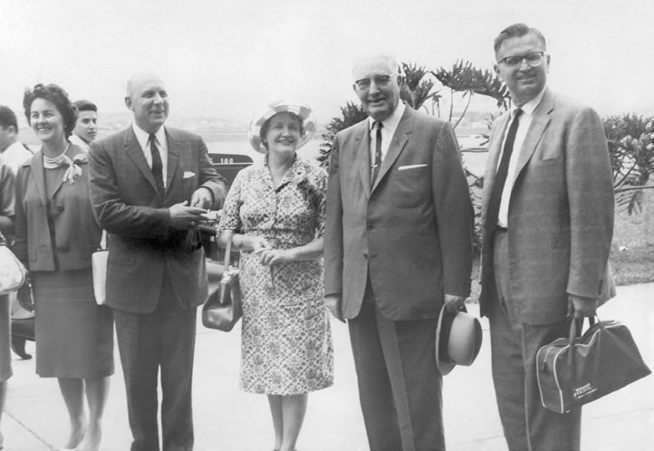 Right to left: President Paulsen, President Hugh B. and Zina Brown, Elder Tuttle, and Sarah Paulsen in Pôrto Alegre, Brazil.