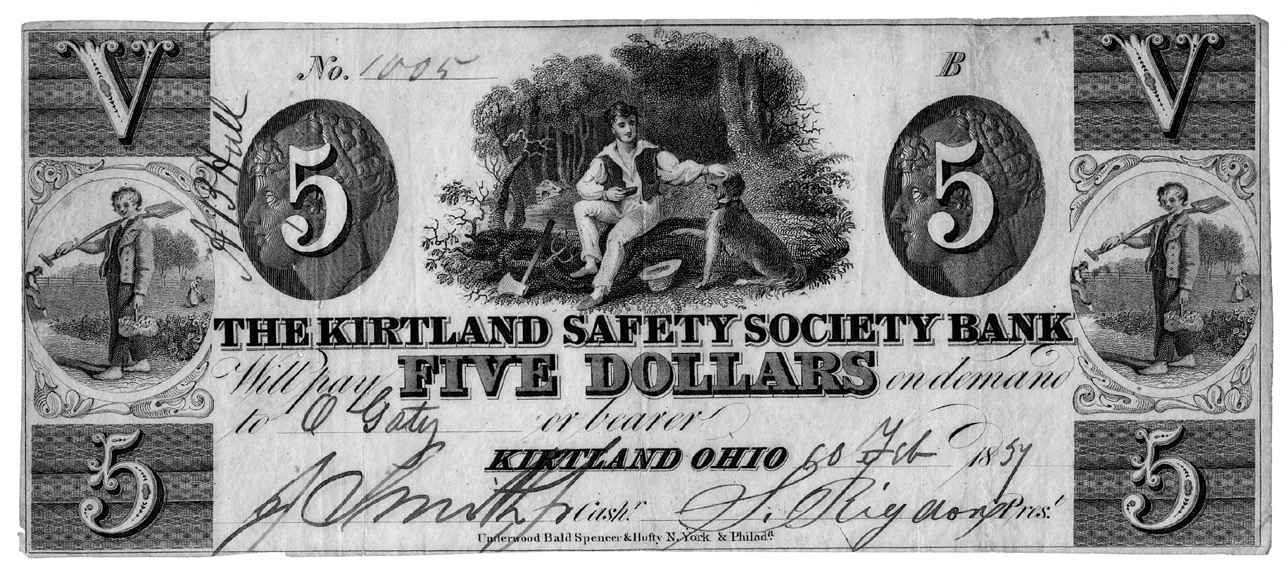 Kirtland Safety Society $5 note, 1837. Courtesy of the Church History Library.