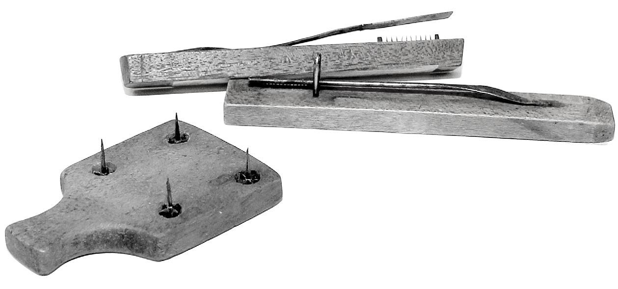 Straw splitters. Top: Straw would be drawn across the teeth embedded at the end of the instrument. Used in the Brigham City hat factory; donated to the DUP by Fannie Grashis. Bottom (very small): Each straw would be poked down and pulled through the hole, splitting it into 4, 5, 6, or 7 strands. Donated to the DUP by Zina Young Card; an heirloom of the Huntington family, brought to the Salt Lake Valley in 1847. Courtesy of International Society Daughters of Utah Pioneers Picture Collection.