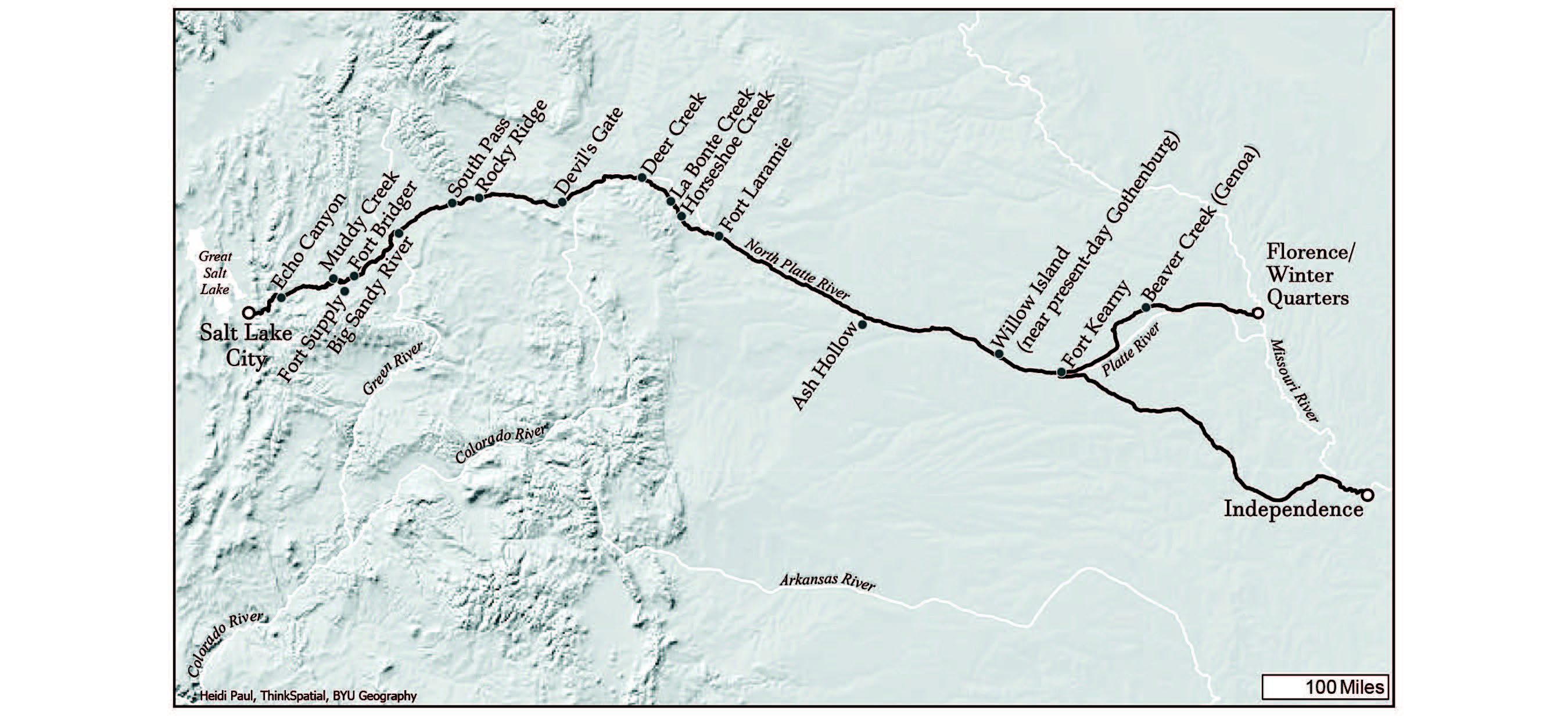 Sites used by the Brigham Young Express and Carrying Company, 1857. Heidi Paul, ThinkSpatial, Brigham Young University.