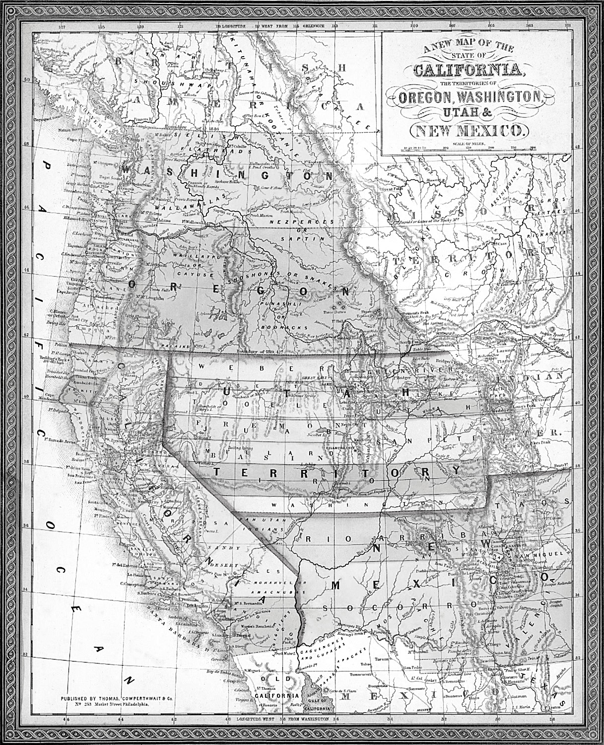 Utah Territory, showing the Utah War’s scope and sweep. During this conflict Utah Territory was 700 miles wide. By 1858 the war had touched virtually the entire American West with international impact on the Pacific Coast possessions of Russia and Great Britain as well as northern Mexico, Spanish Cuba, coastal Central America, the Kingdom of Hawaii, and the Dutch East Indies. Map (1853) by Thomas Cowperthwait & Co., Philadelphia, from the author’s collection.