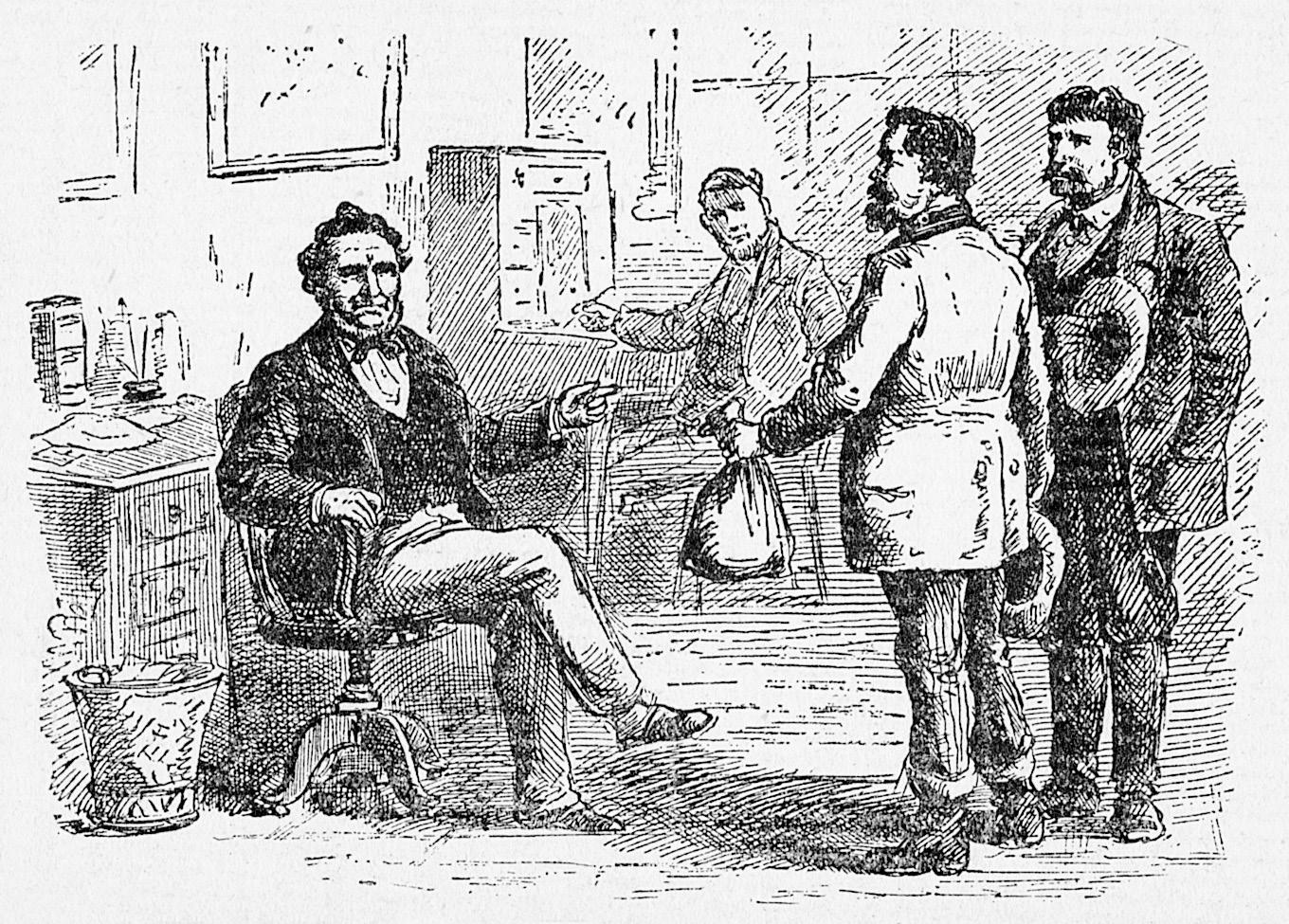 Lt. William A. Hickman delivers cash stripped from ammunition trader Richard E. Yates, Brigham Young’s Office, October 1857. In a drawing illustrating his lurid 1872 memoirs, Brigham’s Destroying Angel, Hickman, a free-ranging officer in both the Nauvoo Legion and Standing Army, depicts his delivery of $900 in Yates’s gold to his leader as one of Young’s office clerks prepares a receipt. Hickman claimed that his plea for a share of this cash was rebuffed, with Young ruling “it must go towards defraying the expense of the war.” Both men were later indicted (but never tried) for Yates’s murder in Echo Canyon.