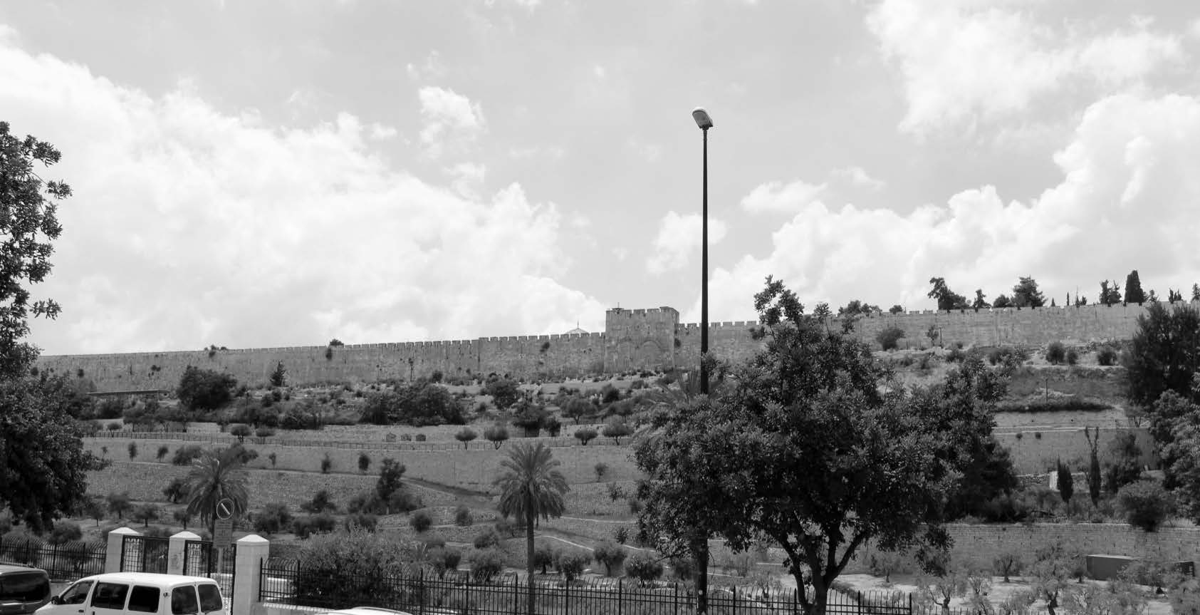 Figure 19. View of the temple’s eastern gate (the Golden Gate) from the Kidron, just outside Gethsemane looking up the hill toward the west. The tip of the Dome of the Rock can be seen in the center of the photo.