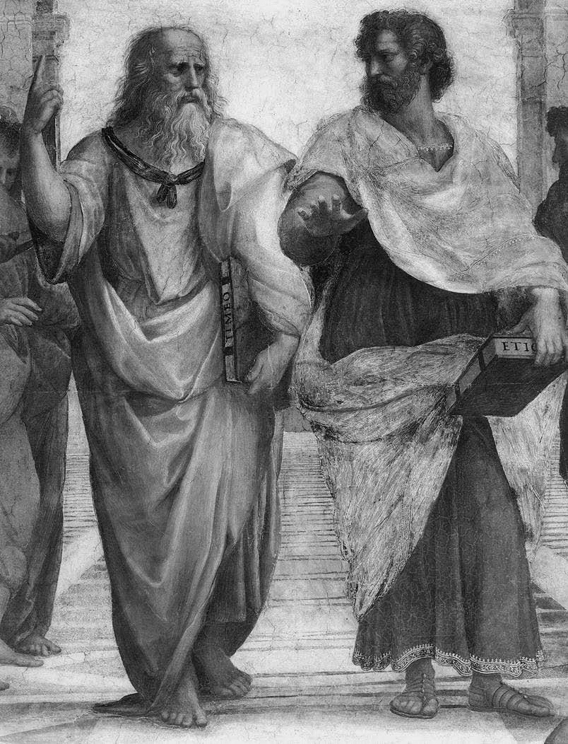 Plato (left) and Aristotle (right), as depicted in Raphael’s The School of Athens (1510-1511). Plato’s gesture toward the heavens and Aristotle’s toward the earth are thought to represent the different approaches they took to explaining the natural world. Plato holds a copy of the Timaeus, his dialogue on cosmology and natural philosophy; Aristotle carries his Ethics, likely the Nicomachean Ethics, a work on virtue and happiness.