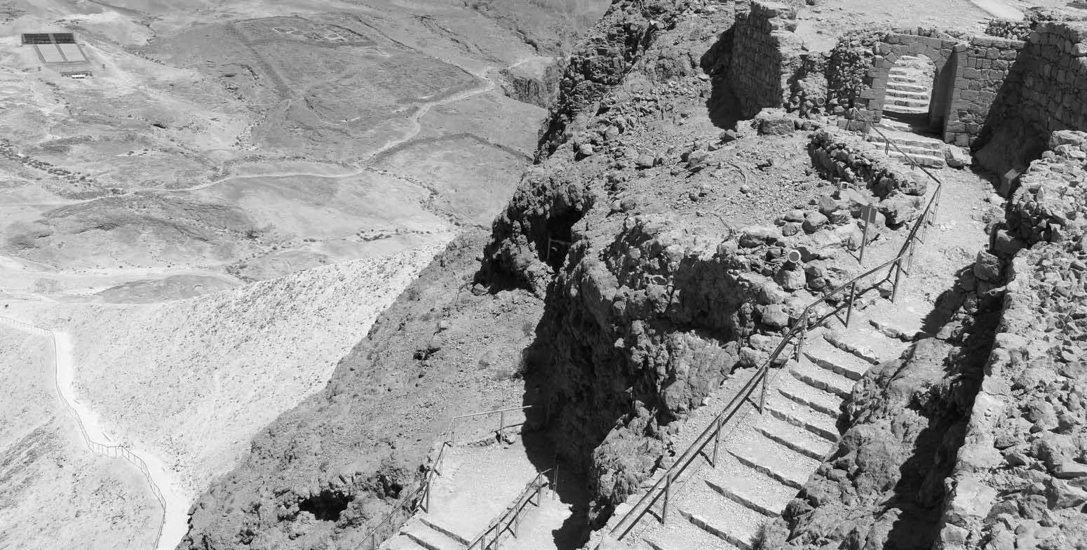 View of Roman Siege Ramp of Masada (left) and Roman Base Camp (top center left) (Courtesy: Lincoln H. Blumell) Overturned Stones W. Side of Temple Mount (Courtesy: Lincoln H. Blumell).