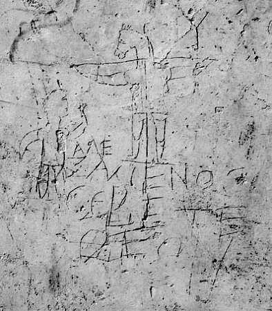 Palatine graffito and drawing of the same. The inscription reads “Alexamenos worships [his] God.”