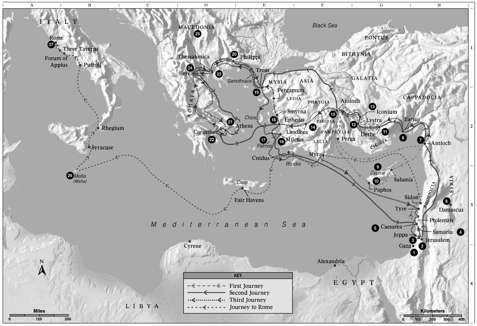 The Missionary Journeys of the Apostle Paul. © Intellectual Reserve, Inc. Key: (1) Gaza (2) Jerusalem (3) Joppa (4) Samaria (5) Caesarea (6) Damascus (7) Antioch (in Syria) (8) Tarsus (9) Cyprus (10) Paphos (11) Derbe (12) Lystra (13) Iconium (14) Laodicea and Colosse (15) Antioch (in Pisidia) (16) Miletus (17) Patmos (18) Ephesus (19) Troas (20) Philippi (21) Athens (22) Corinth (23) Thessalonica (24) Berea (25) Macedonia (26) Melita (27) Rome.