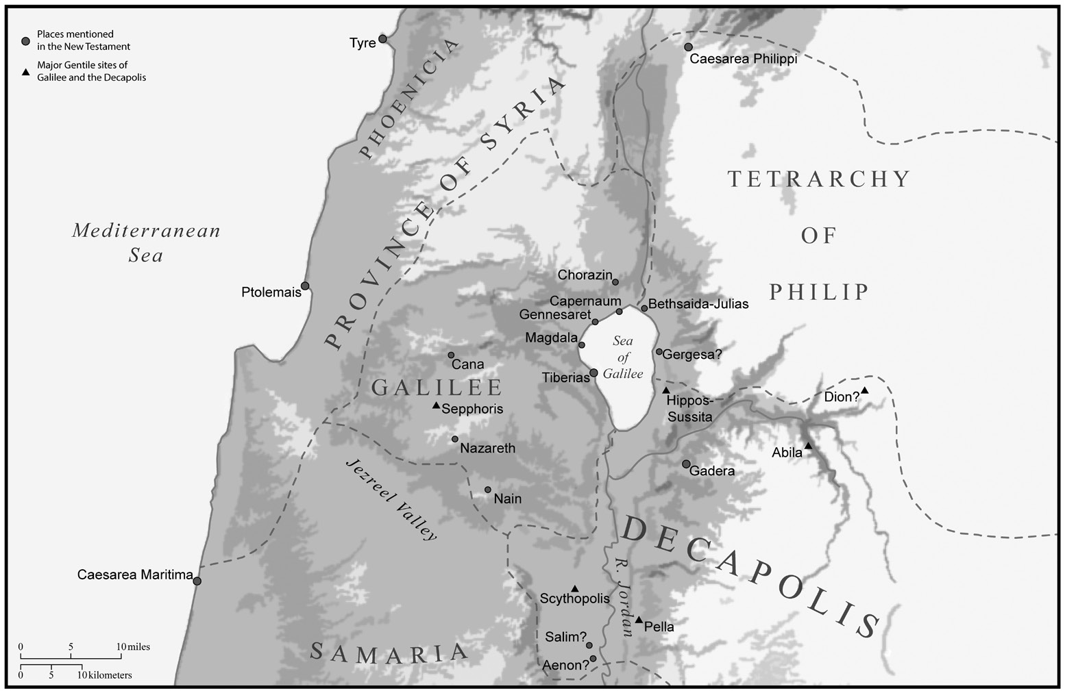 Regions and places in Galilee mentioned in the Gospels. Map by George A. Pierce.