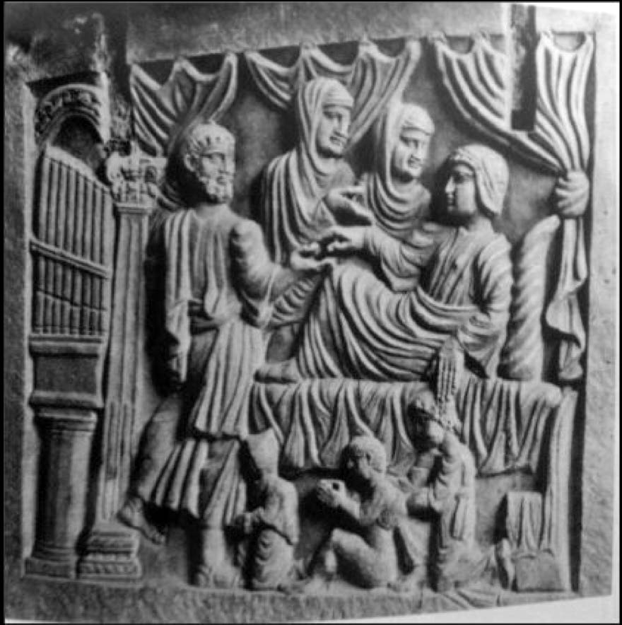 Figure 2. Raising of Tabitha, Sarcophagus, Church of Ste. Madeleine, Saint Maximin, France, 4th century AD. Giuseppe Wilpert. Rome: Pontificio Istituto di Archeologia Cristiana, 1929. Plate CXLV, no.7.