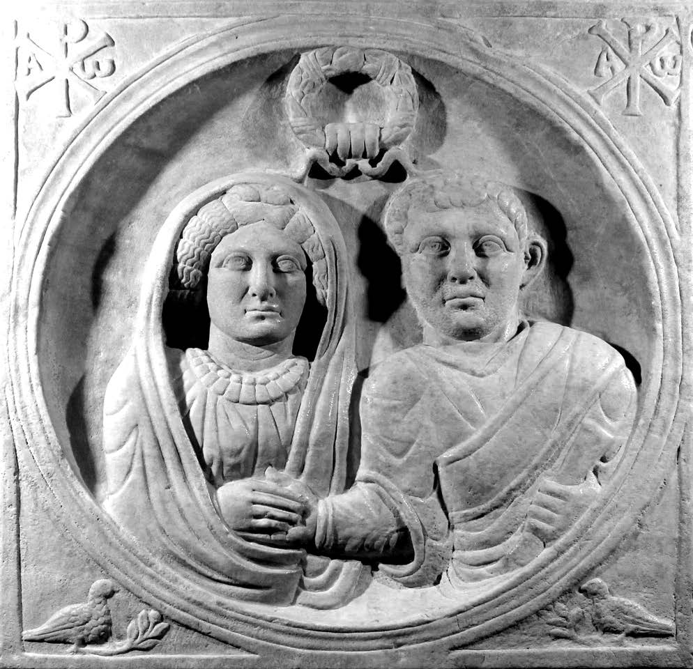 Sarcophagus relief with portrait of Flavius Julius Catervius and Septimia Severina, late 4th century, Cathedral of San Catervo, Tolentino. © Mark D. Ellison.