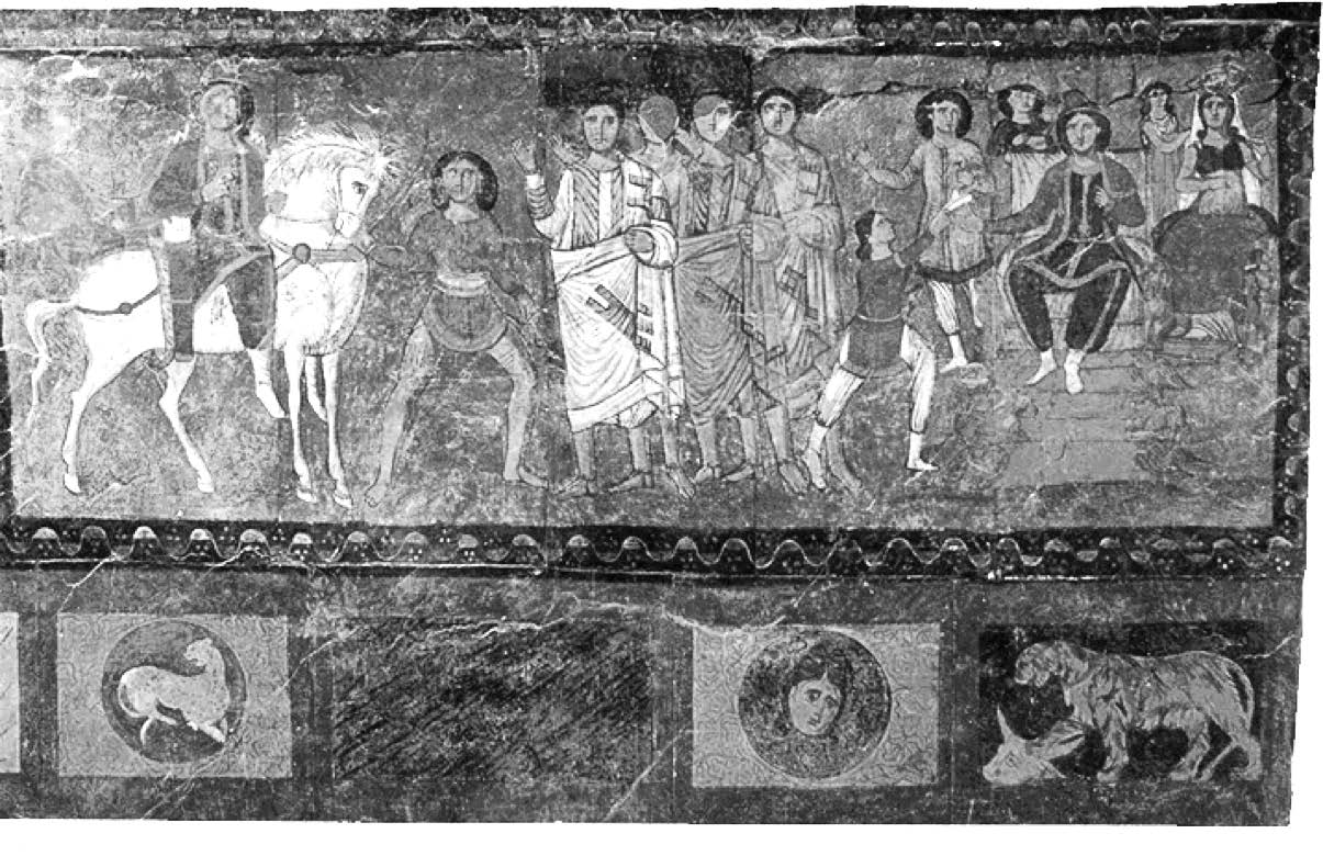 Image of Haman leading Mordecai before the thrones of Ahasuerus and Esther. From the synagogue at Dura-Europos. Note the varieties of clothing shown, including short tunics or chitons, long outer himations, and Ahasuerus dressed in the Persian style, with long trousers beneath his tunic.