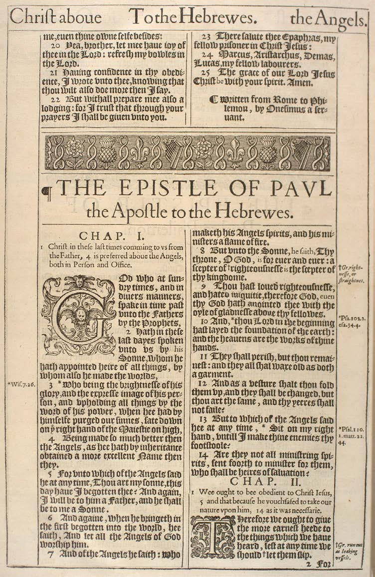 1611 King James Bible, opening of the Epistle to the Hebrews. Public domain