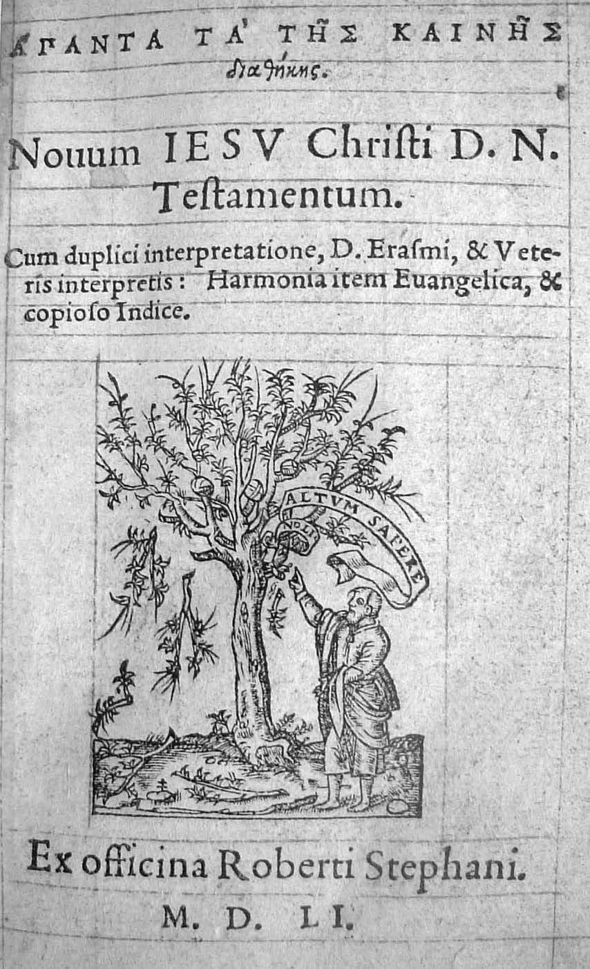 Title page, 4th edition of New Testament (1551). Robert Estienne. Public domain.