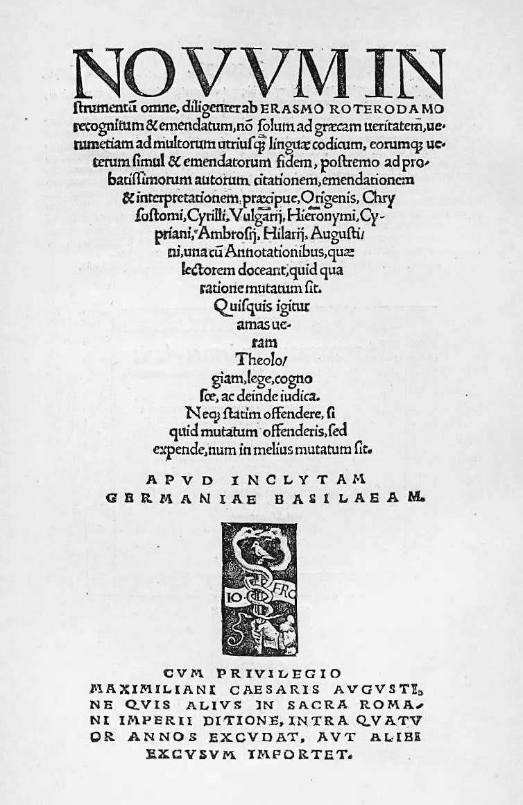 Title page, 1516 edition of Erasmus’s Novum Instrumentum omne. Public domain.