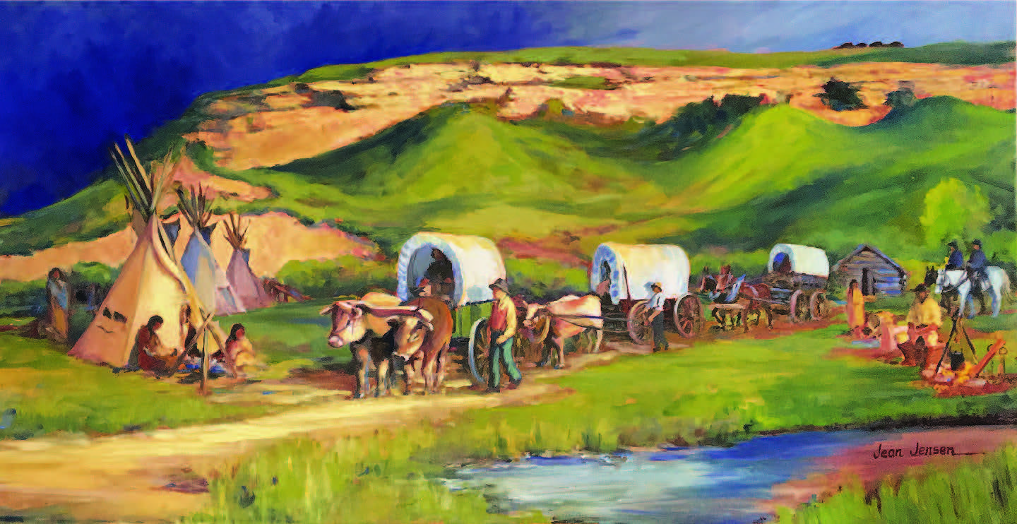 painting of a landscape with wagons